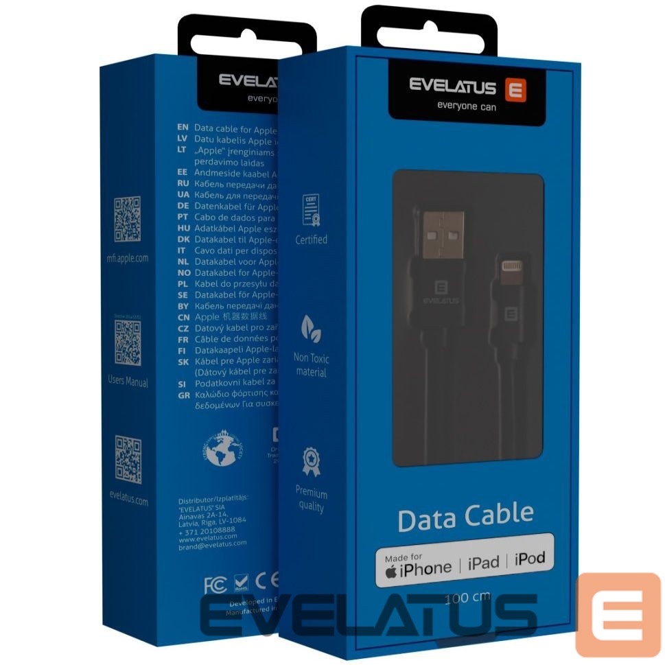 Kabelis Evelatus Universal MFI Data Cable 1m MFI02 Black