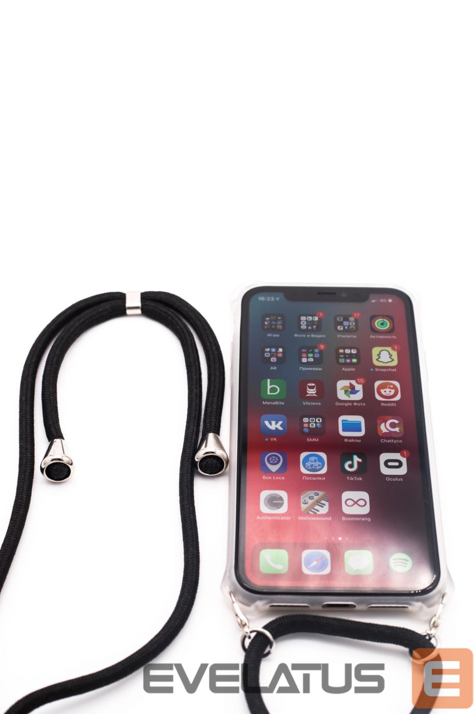 Aizmugurējais vāciņš Evelatus Apple iPhone X/XS Case with rope Black Transparent