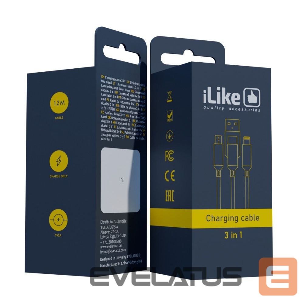 Kabelis iLike Charging Cable 3 in 1, USB, Type C, Lightning, CCI02 Black