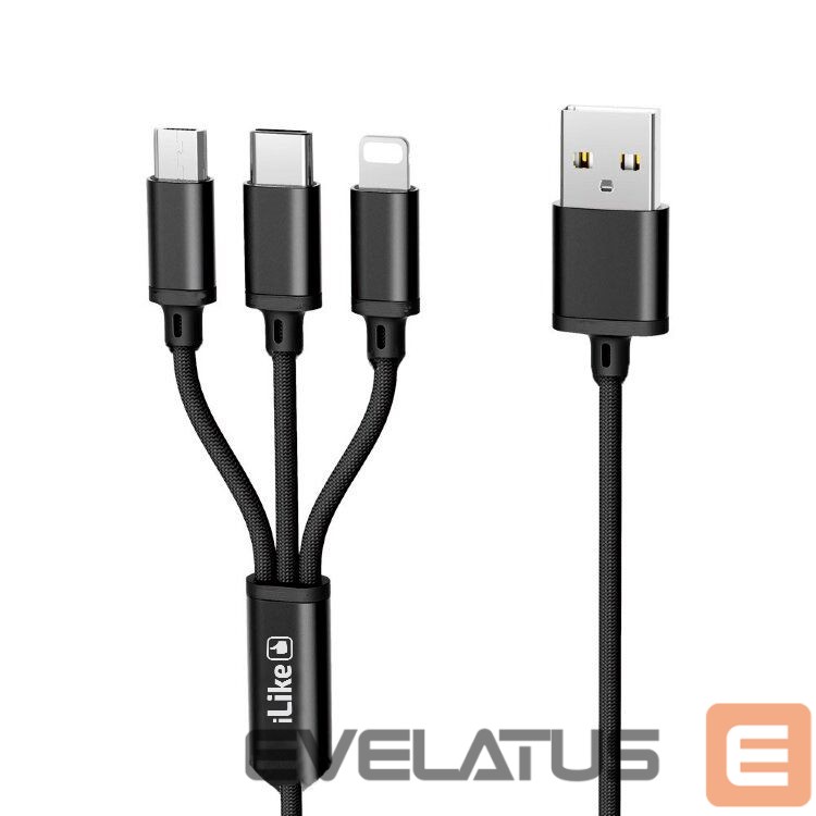 Kabelis iLike Charging Cable 3 in 1, USB, Type C, Lightning, CCI02 Black