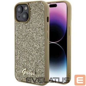 Aizmugurējais vāciņš Guess Apple iPhone 15 HC PU DISCO SCRIPT METAL Gold
