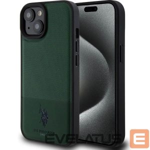 Aizmugurējais vāciņš U.S. Polo PU Apple iPhone 15 Leather Mesh Pattern Double Horse Case Green