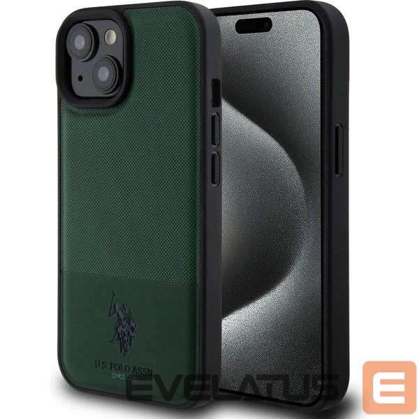 Aizmugurējais vāciņš U.S. Polo PU Apple iPhone 15 Leather Mesh Pattern Double Horse Case Green