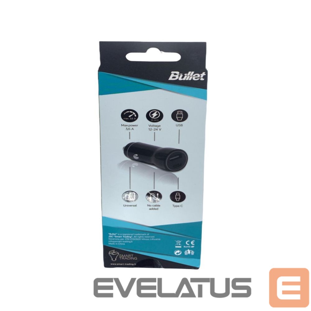 Adapteris - BULLET USB Car Charger Q3.0 + Type C 2.4A Black