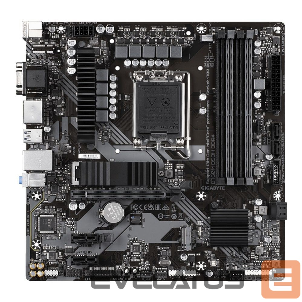 Pamatplate Intel procesorsiem Gigabyte B760M DS3H DDR4 1.0 M/B Processor family Intel, Processor socket LGA1700, DDR4 DIMM, Memory slots 4, Supported hard disk drive interfaces SATA, M.2, Number of SATA connectors 4, Chipset Intel B760 Express, Micro ATX