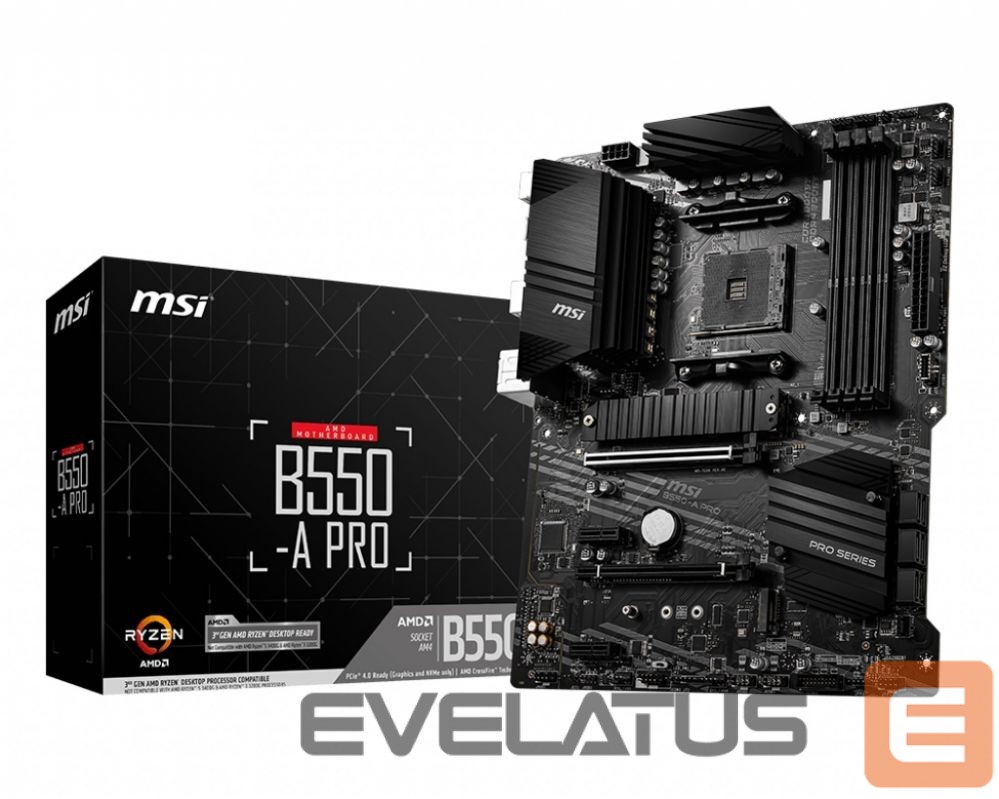 Pamatplate Intel procesorsiem MSI B550-A PRO Processor family AMD, Processor socket AM4, DDR4 DIMM, Memory slots 4, Supported hard disk drive interfaces SATA, M.2, Number of SATA connectors 6, Chipset AMD B550, ATX