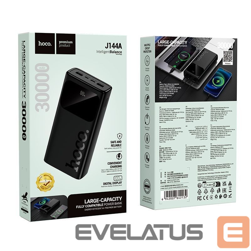 Ārējais akumulators Hoco J144A Hymn power bank(30000mAh) SB-A1/USB-A2: 5V/2A USB-C/Micro: 5V/2A Black
