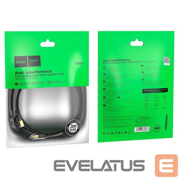 Kabelis Hoco US07 General pure copper flat network cable(L=3M) Black