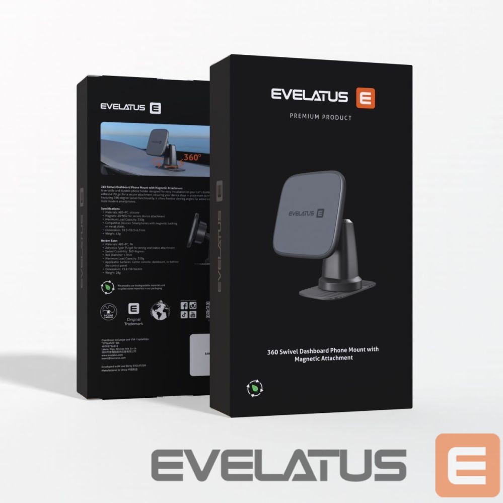 Auto turētājs Evelatus 360 Swivel adhesive mount with MagSafe C2+K8 Black