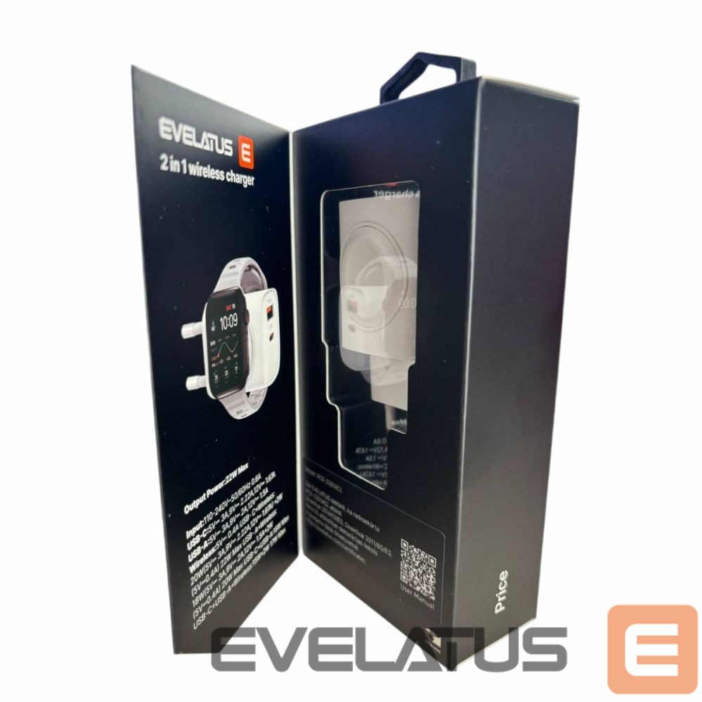 Adapteris Evelatus Evelatus 2 in 1 Charger 20W Max USB-C+USB-A:15W Max USB-C+USB-A+Wireless:15W+2W 17W Max White