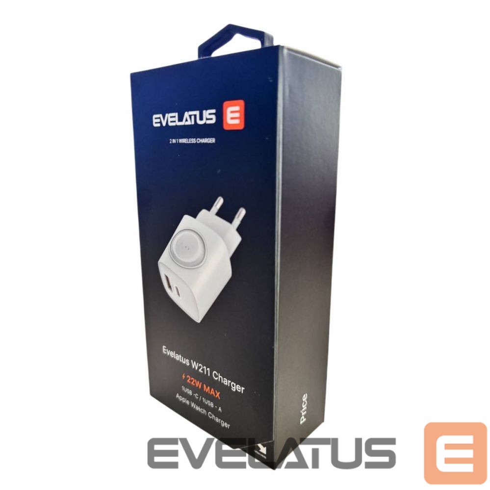 Adapteris Evelatus Evelatus 2 in 1 Charger 20W Max USB-C+USB-A:15W Max USB-C+USB-A+Wireless:15W+2W 17W Max White