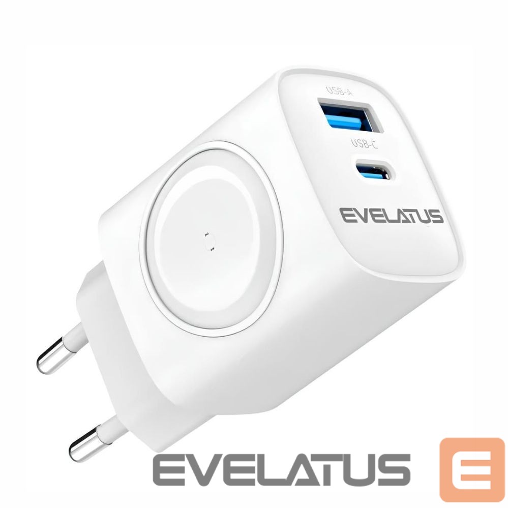 Adapteris Evelatus Evelatus 2 in 1 Charger 20W Max USB-C+USB-A:15W Max USB-C+USB-A+Wireless:15W+2W 17W Max White