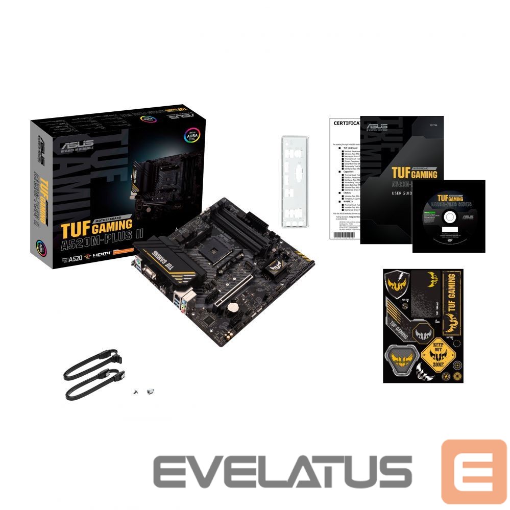 Pamatplate Intel procesorsiem Asus TUF GAMING A520M-PLUS II Processor family AMD, Processor socket AM4, DDR4 DIMM, Memory slots 4, Supported hard disk drive interfaces SATA, M.2, Number of SATA connectors 4, Chipset AMD A520, Micro ATX
