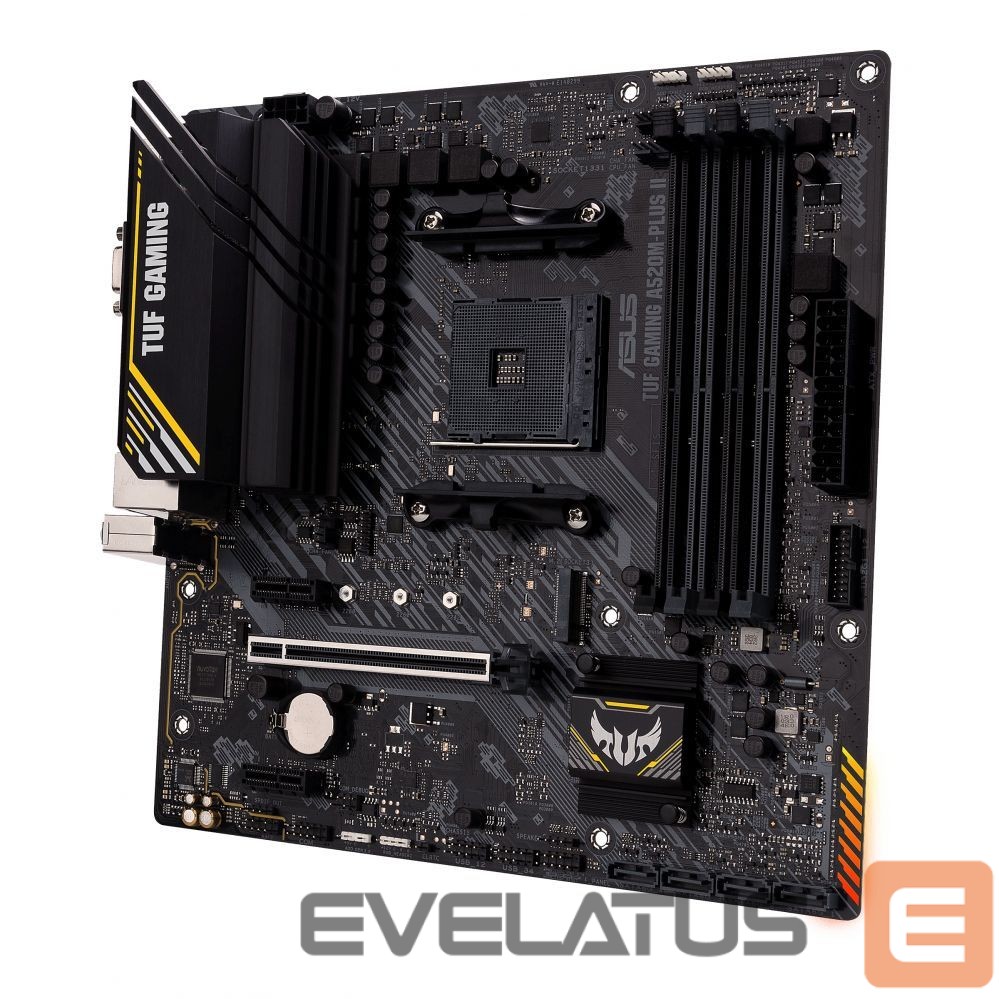 Pamatplate Intel procesorsiem Asus TUF GAMING A520M-PLUS II Processor family AMD, Processor socket AM4, DDR4 DIMM, Memory slots 4, Supported hard disk drive interfaces SATA, M.2, Number of SATA connectors 4, Chipset AMD A520, Micro ATX