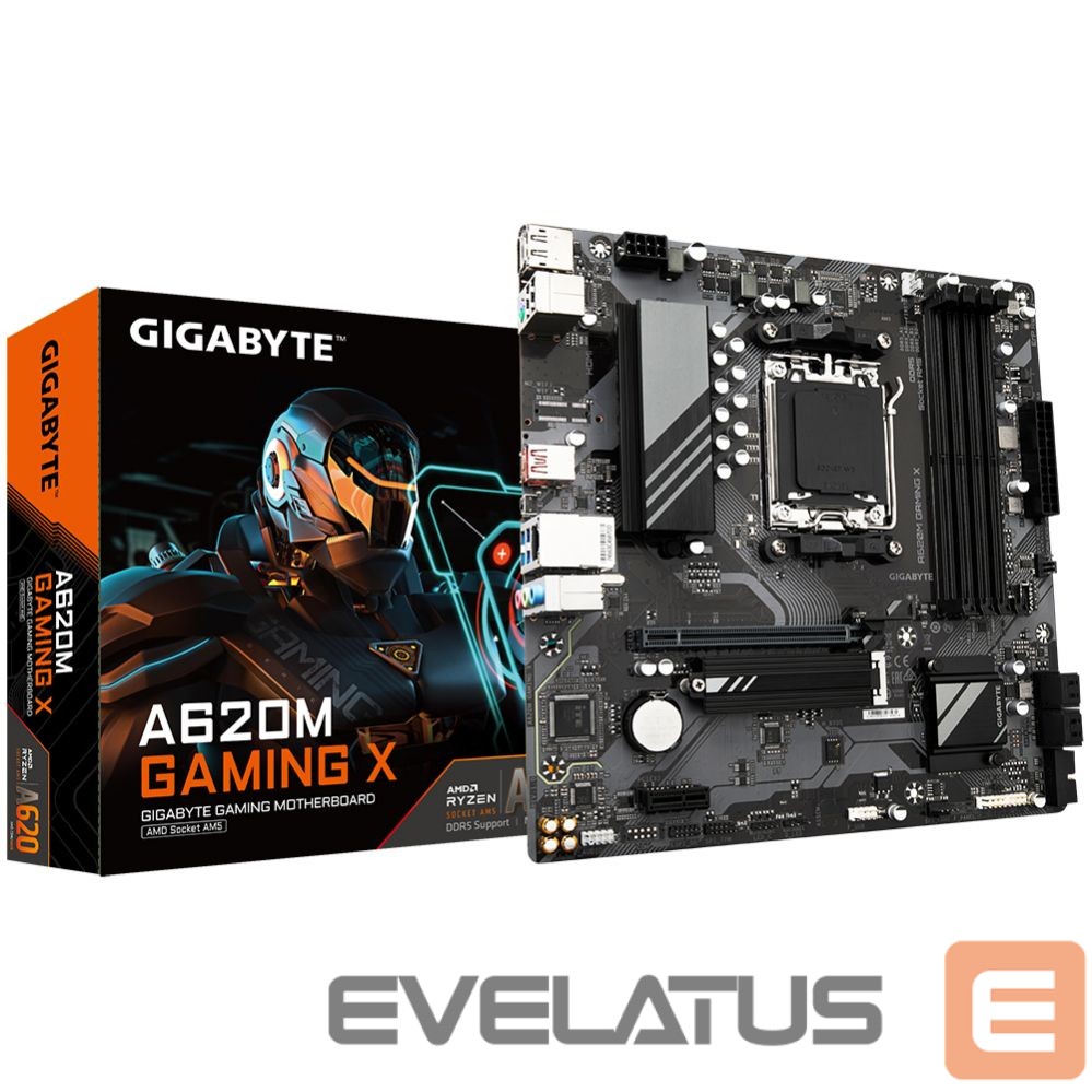 Pamatplate Intel procesorsiem Gigabyte A620M GAMING XG10 Processor family AMD, Processor socket AM5, DDR5 DIMM, Memory slots 4, Supported hard disk drive interfaces SATA, M.2, Number of SATA connectors 4, Chipset AMD A620, Micro ATX