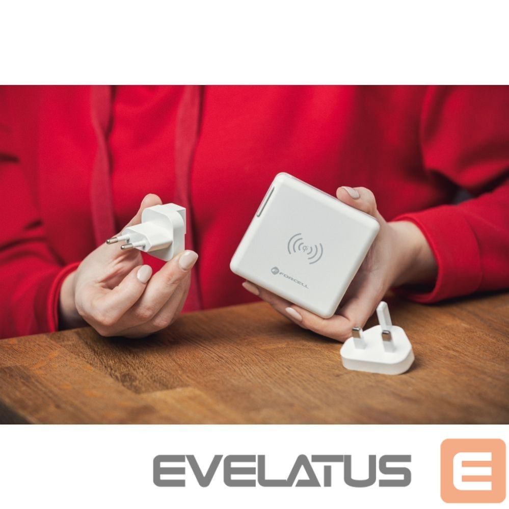 Adapteris Forcell Multifunction charger Forcell F-Energy 4in1 2 x USB A + USB C 15W + power bank 8000mAh + wireless charging white