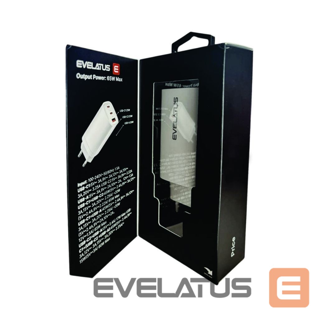 Adapteris Evelatus 65W Max Fast Charger EU USB-C1/USB-C1/USB-A White