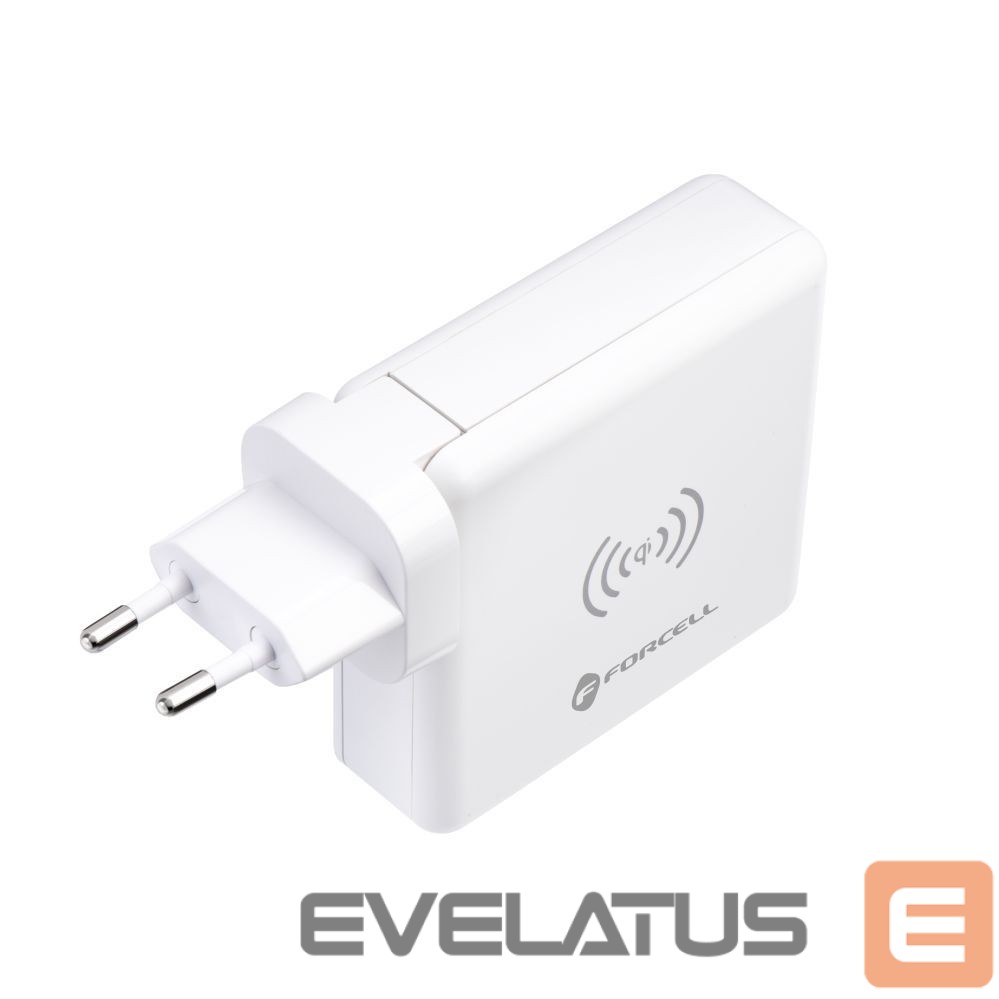 Adapteris Forcell Multifunction charger Forcell F-Energy 4in1 2 x USB A + USB C 15W + power bank 8000mAh + wireless charging white
