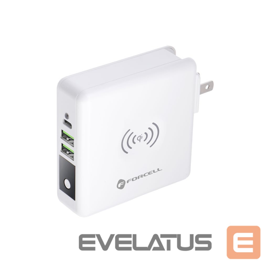 Adapteris Forcell Multifunction charger Forcell F-Energy 4in1 2 x USB A + USB C 15W + power bank 8000mAh + wireless charging white