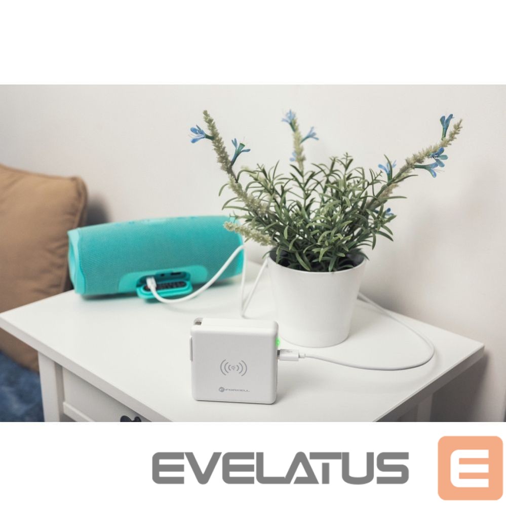 Adapteris Forcell Multifunction charger Forcell F-Energy 4in1 2 x USB A + USB C 15W + power bank 8000mAh + wireless charging white
