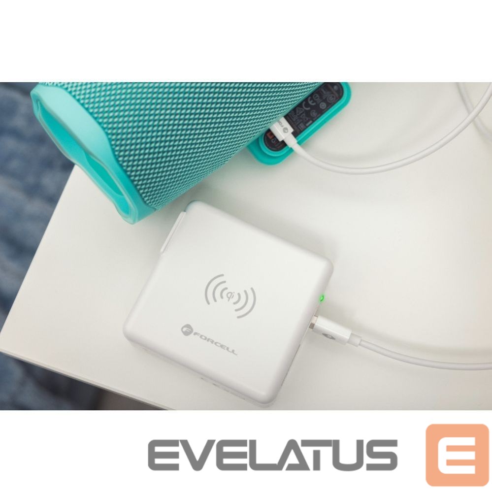 Adapteris Forcell Multifunction charger Forcell F-Energy 4in1 2 x USB A + USB C 15W + power bank 8000mAh + wireless charging white