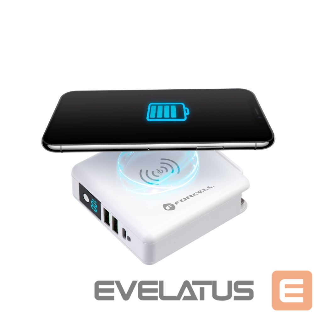 Adapteris Forcell Multifunction charger Forcell F-Energy 4in1 2 x USB A + USB C 15W + power bank 8000mAh + wireless charging white