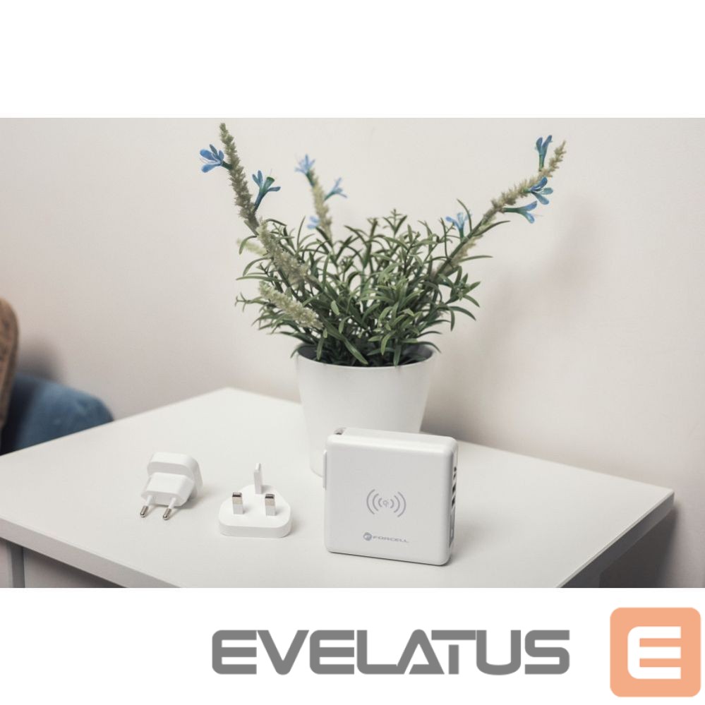 Adapteris Forcell Multifunction charger Forcell F-Energy 4in1 2 x USB A + USB C 15W + power bank 8000mAh + wireless charging white