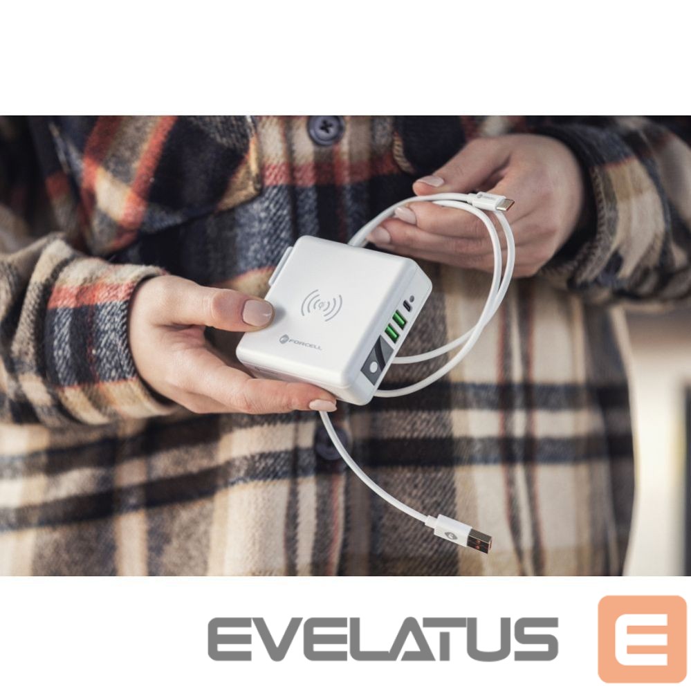 Adapteris Forcell Multifunction charger Forcell F-Energy 4in1 2 x USB A + USB C 15W + power bank 8000mAh + wireless charging white