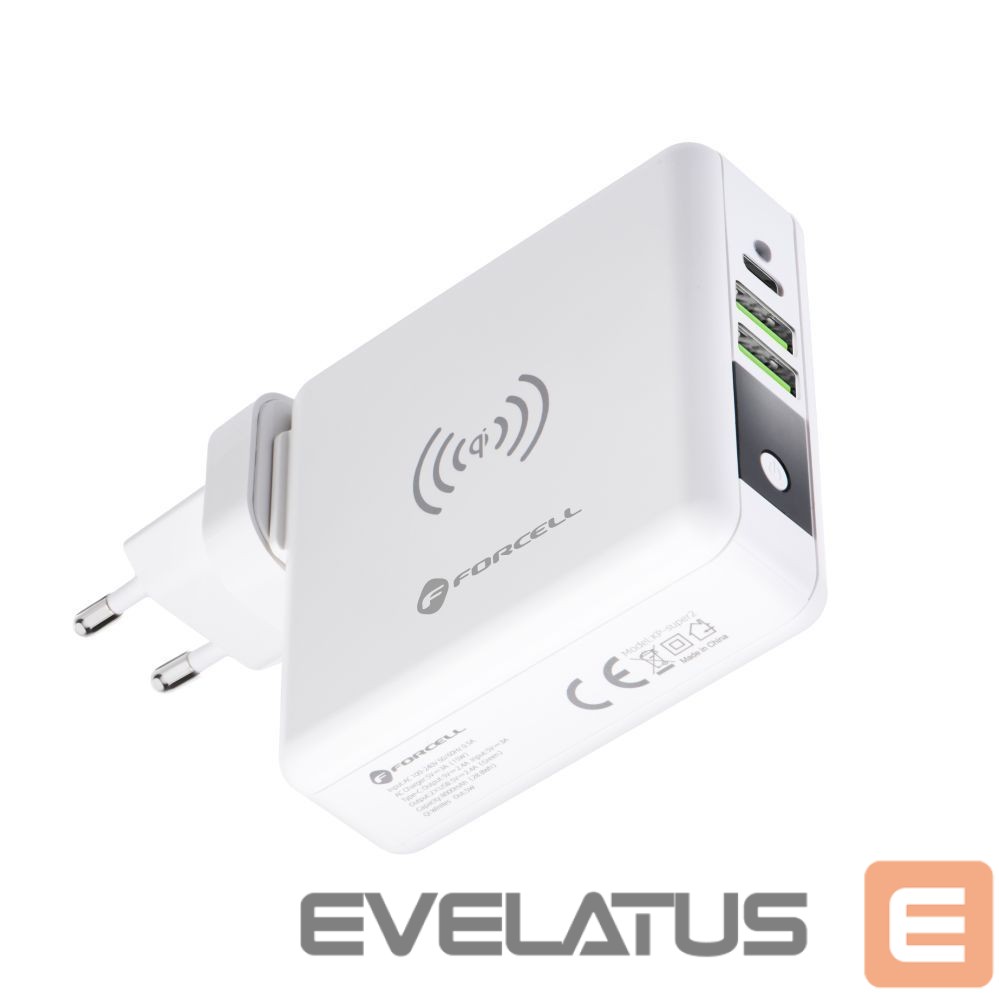 Adapteris Forcell Multifunction charger Forcell F-Energy 4in1 2 x USB A + USB C 15W + power bank 8000mAh + wireless charging white