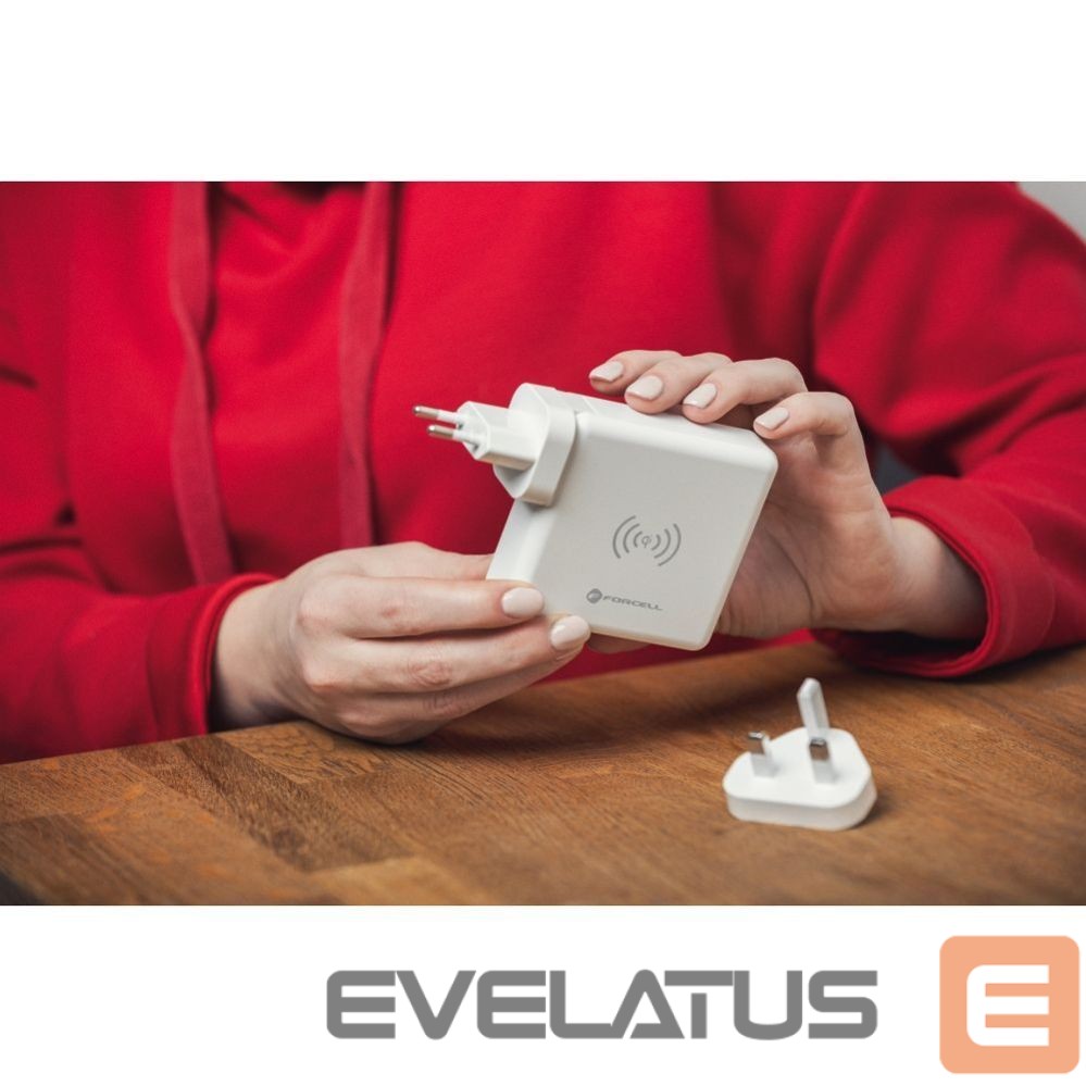Adapteris Forcell Multifunction charger Forcell F-Energy 4in1 2 x USB A + USB C 15W + power bank 8000mAh + wireless charging white