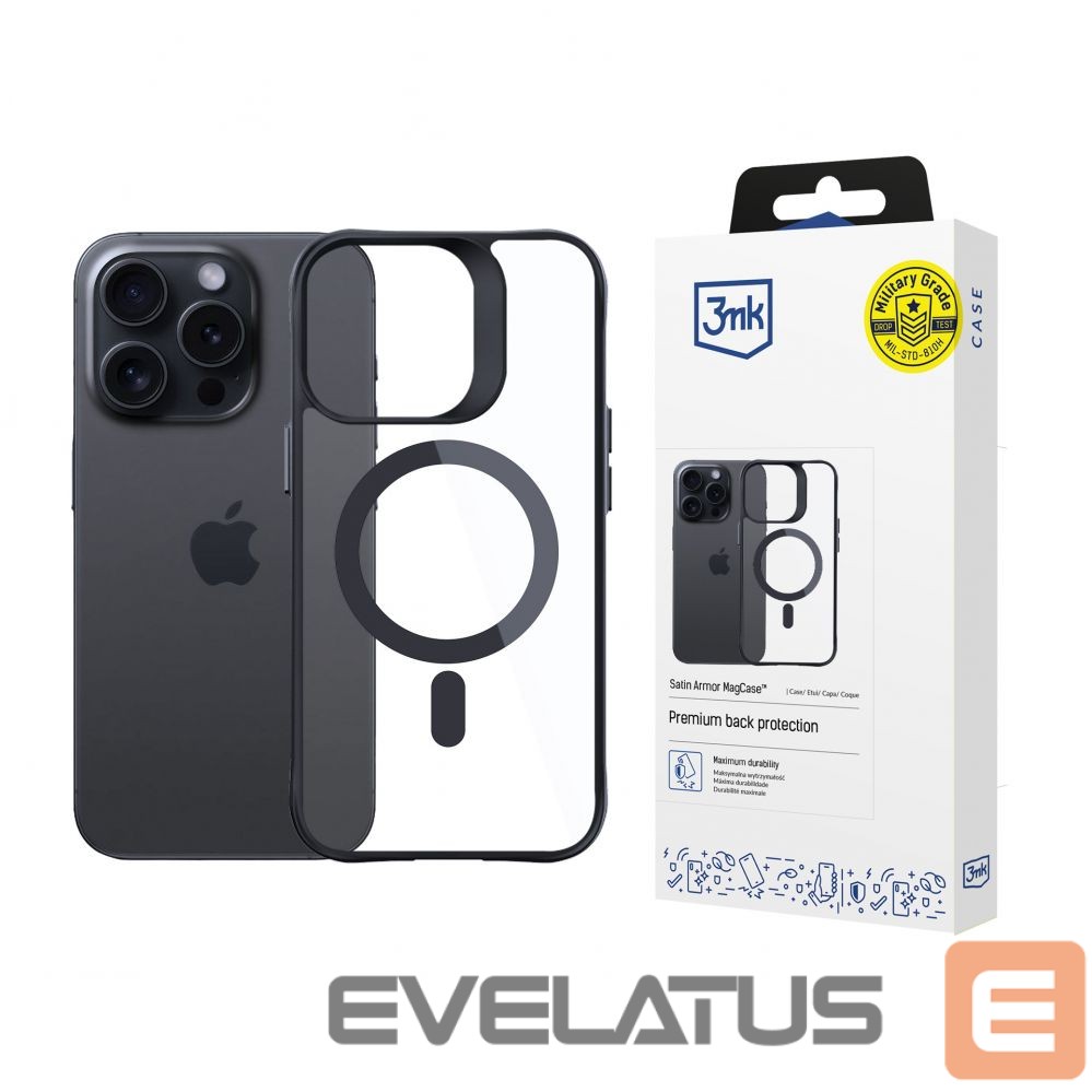 Cits mobilo telefonu aksesuārs 3MK 3mk Satin Armor MagCase with MagSafe for iPhone 15 Pro Max - Clear with Black Frame