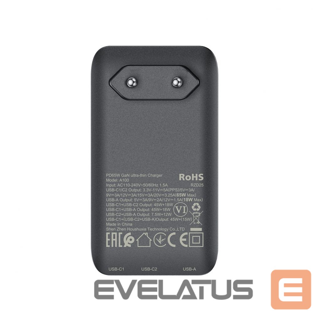 Adapteris Acefast Acefast A100 65W GaN 2 USB-C+ USB-A Charger Ultra Slim - Black