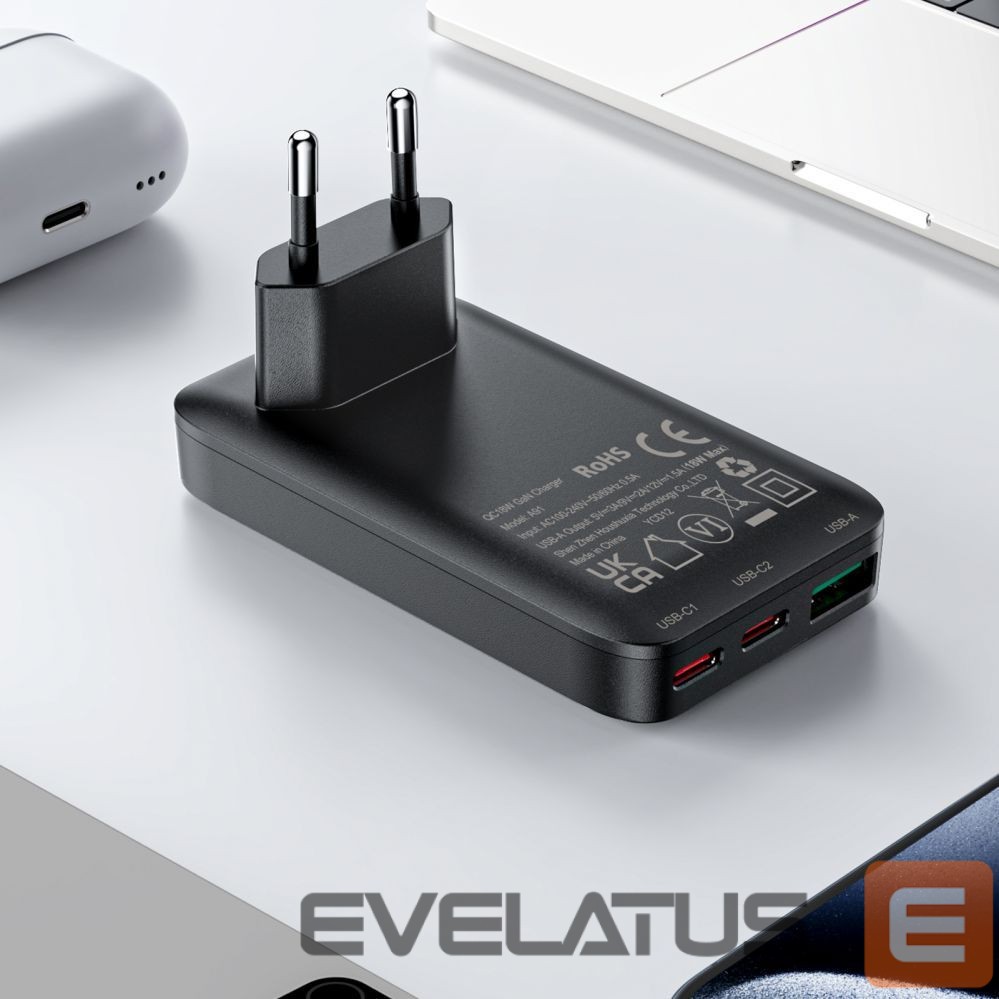 Adapteris Acefast Acefast A100 65W GaN 2 USB-C+ USB-A Charger Ultra Slim - Black