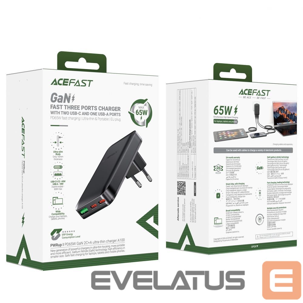 Adapteris Acefast Acefast A100 65W GaN 2 USB-C+ USB-A Charger Ultra Slim - Black