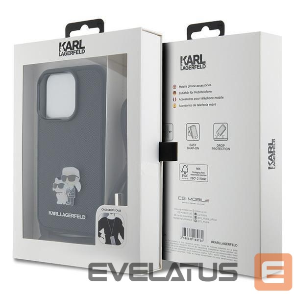 Aizmugurējais vāciņš Karl Lagerfeld Karl Lagerfeld Crossbody Saffiano Metal Pin Karl & Choupette case for iPhone 15 Pro - black