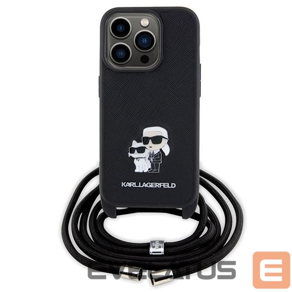 Aizmugurējais vāciņš Karl Lagerfeld Karl Lagerfeld Crossbody Saffiano Metal Pin Karl & Choupette case for iPhone 15 Pro - black