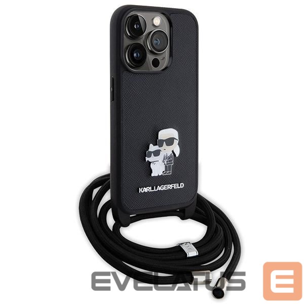 Aizmugurējais vāciņš Karl Lagerfeld Karl Lagerfeld Crossbody Saffiano Metal Pin Karl & Choupette case for iPhone 15 Pro - black