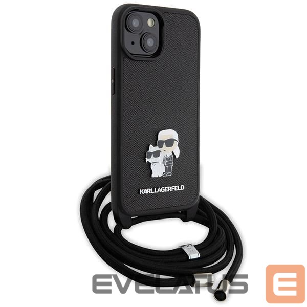 Aizmugurējais vāciņš Karl Lagerfeld Karl Lagerfeld Crossbody Saffiano Metal Pin Karl & Choupette case for iPhone 15 Plus - black