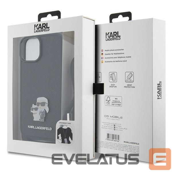 Aizmugurējais vāciņš Karl Lagerfeld Karl Lagerfeld Crossbody Saffiano Metal Pin Karl & Choupette case for iPhone 15 Plus - black
