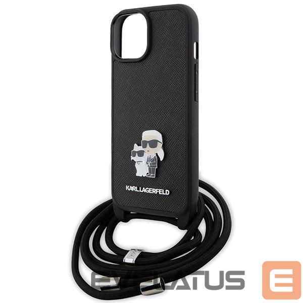 Aizmugurējais vāciņš Karl Lagerfeld Karl Lagerfeld Crossbody Saffiano Metal Pin Karl & Choupette case for iPhone 15 Plus - black