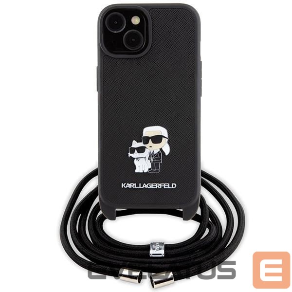 Aizmugurējais vāciņš Karl Lagerfeld Karl Lagerfeld Crossbody Saffiano Metal Pin Karl & Choupette case for iPhone 15 Plus - black