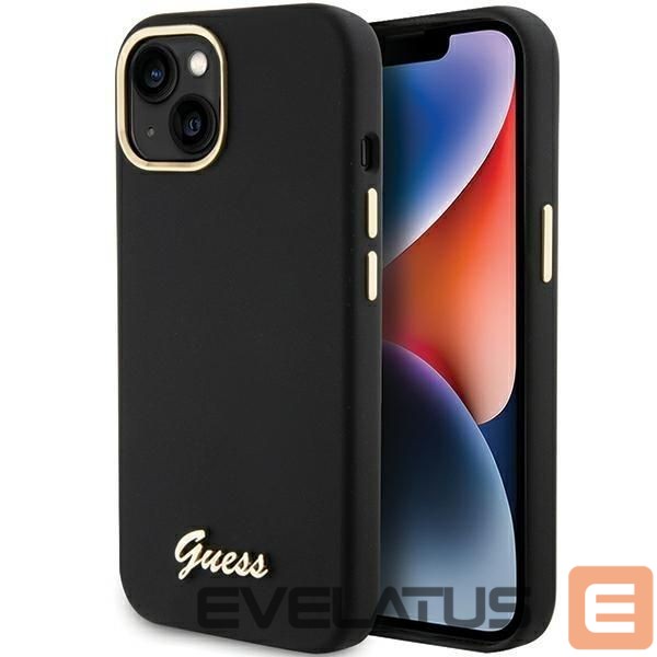 Aizmugurējais vāciņš Guess Guess Silicone Script Metal Logo & Frame case for iPhone 15 - black