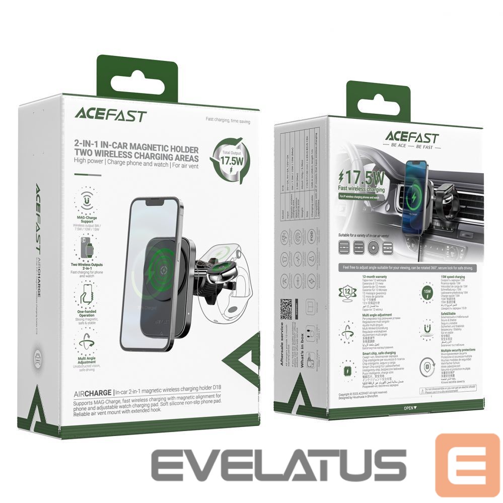 Adapteris Acefast Acefast D18 car holder with MagSafe / Qi inductive charger + USB-A USB-C cable - black