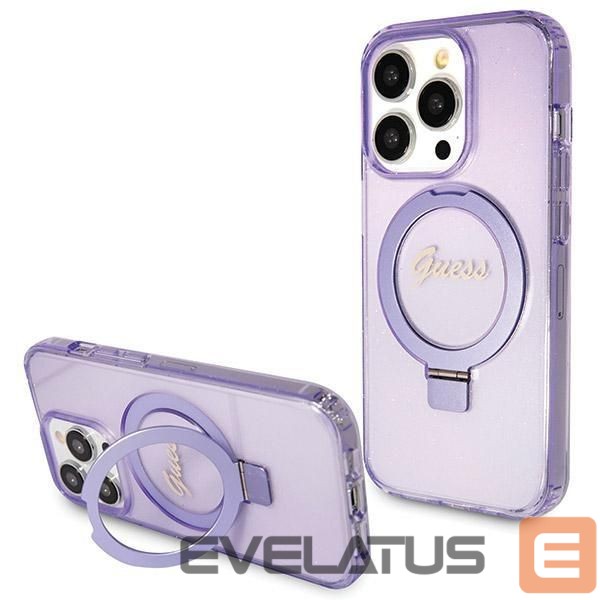 Aizmugurējais vāciņš Guess Guess Ring Stand Script Glitter MagSafe case for iPhone 14 Pro Max - purple