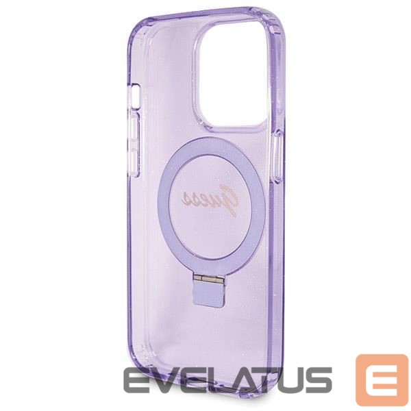 Aizmugurējais vāciņš Guess Guess Ring Stand Script Glitter MagSafe case for iPhone 14 Pro Max - purple