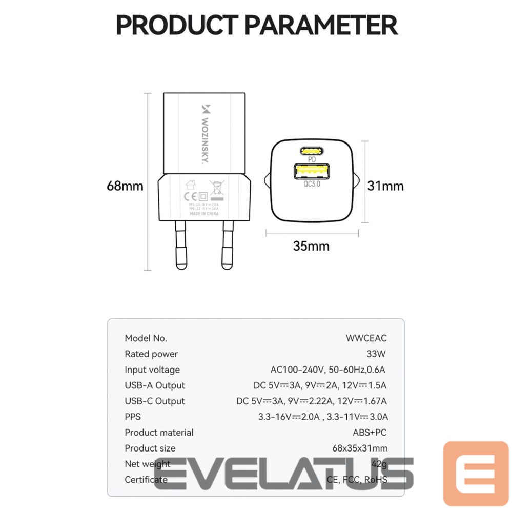 Adapteris Wozinsky Wozinsky WWCEAC GaN USB-A USB-C 33W Wall Charger - White