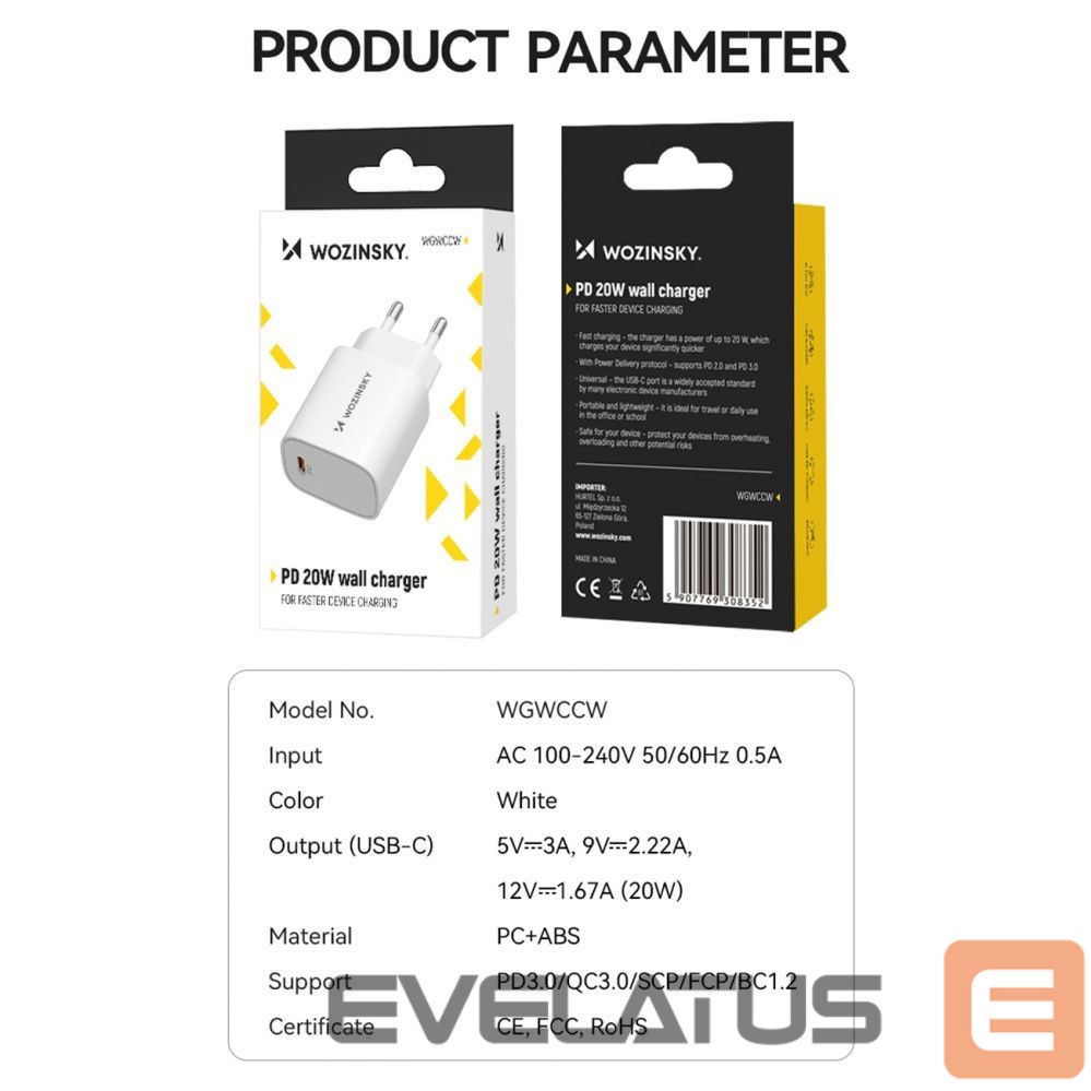 Adapteris Wozinsky Wozinsky WGWCCW 20W USB-C Wall Charger - White