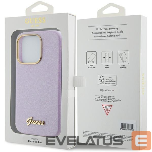 Aizmugurējais vāciņš Guess Guess Glitter Glossy Script case for iPhone 15 Pro Max - lilac