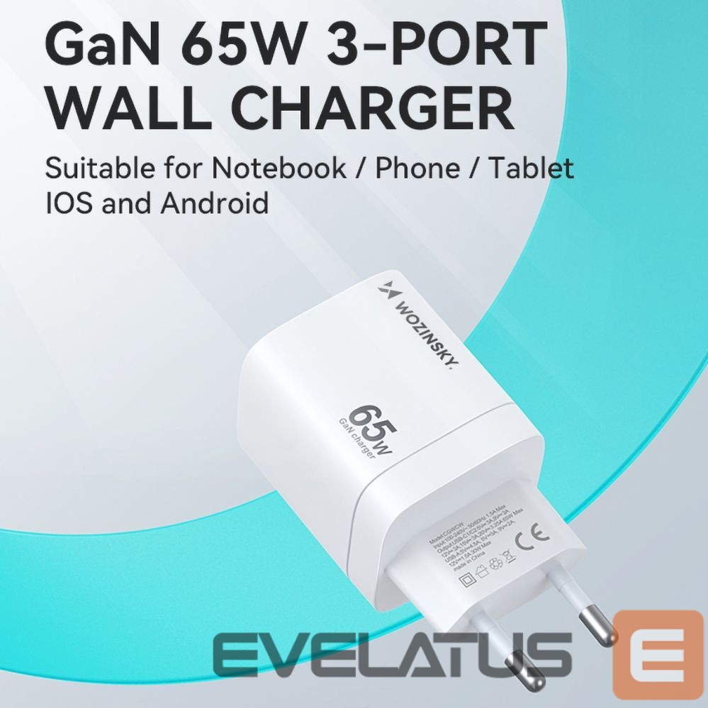 Adapteris Wozinsky Wozinsky CGWCW 65W GaN Wall Charger USB-A / 2 x USB-C - White