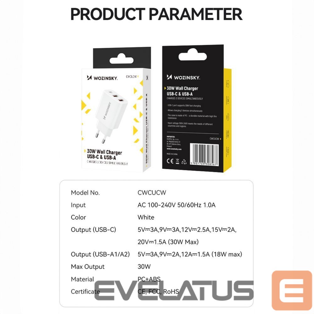 Adapteris Wozinsky Wozinsky CWCUCW 30W USB-C / 2 x USB-A Wall Charger - White